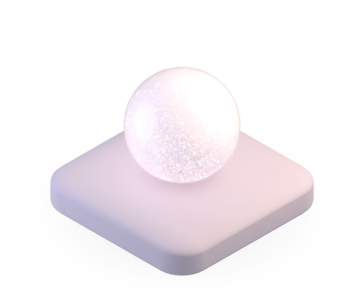 A frosted glass orb full of glowing haze on a rounded lilac square slab.